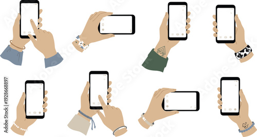 Hands holding smartphones in various gestures illustration showing mobile interaction, touchscreen communication, digital lifestyle, and modern technology usage 