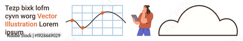 Data analysis, cloud technology, digital workflow, graphical visualization, software development, productivity tools. A line graph, a woman with a tablet and an abstract cloud shape. Data analysis