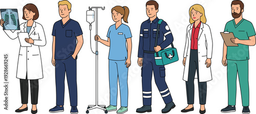 Healthcare professionals character collection including doctor, nurse, paramedic, and medical staff illustration representing hospital teamwork, medical care, and healthcare services