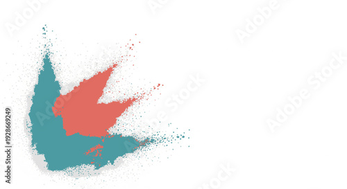Vibrant teal and coral abstract splatter on white background dynamic artistic expression