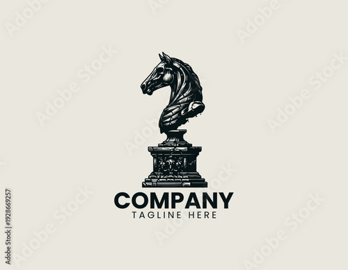 A detailed skeletal horse bust emerging from a cracked pedestal base is presented in a bold vintage engraving vector illustration style on a clean white background suitable for gothic branding tattoo 