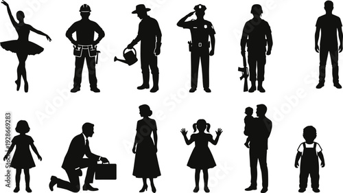 Human silhouette collection showing various professions, family members, children, and everyday people poses representing society, occupations, and lifestyle diversity illustration
