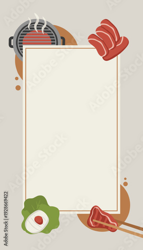 A vertical graphic design featuring a stylized illustration of a barbecue grill with steaming meat, raw meat slices, and a skewer of meat, 