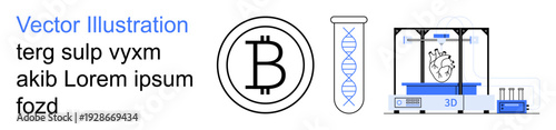 Cryptocurrency, genetic engineering, 3D printing, advanced tech, biotech symbols, medical advancements. Bitcoin logo, DNA helix 3D printer creating heart model. Cryptocurrency and genetic