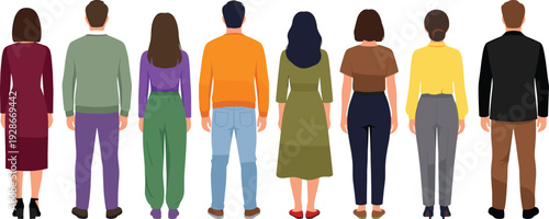 Multicultural people standing from back view in casual outfits, diverse character illustration representing society, community diversity, and modern everyday lifestyleMulticultural 