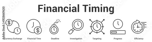 Financial Timing web banner icon set vector illustration concept for business with icon of Currency Exchange, Financial Time, Deadline, Investigation, Targeti.