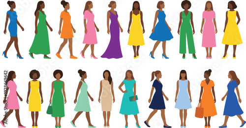 Multicultural women character collection in colorful dresses showing diverse fashion styles, modern female figures, lifestyle illustration, and contemporary people design