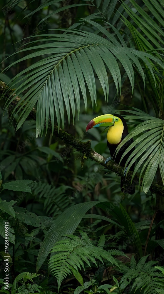 Naklejka premium Colorful toucan bird perched on branch surrounded by lush tropical palm fronds and ferns in dense rainforest jungle habitat for wildlife nature photography.