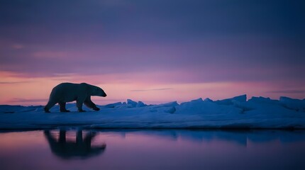 Polar bear walking on Arctic ice floe during twilight with purple and pink sky reflected in calm water. Wildlife photography capturing climate change effects.