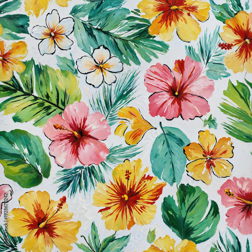 Tropical Hibiscus Floral Pattern on White Background Oil Painting