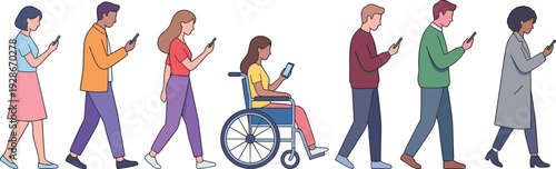 People walking while using smartphones including wheelchair user, modern lifestyle illustration representing technology dependence, social behavior, and digital communication concept