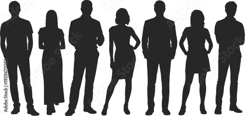 People silhouettes, diverse figures, male and female icons, standing group artwork, unity illustration, fashion vector collection, casual and formal design, identity graphics