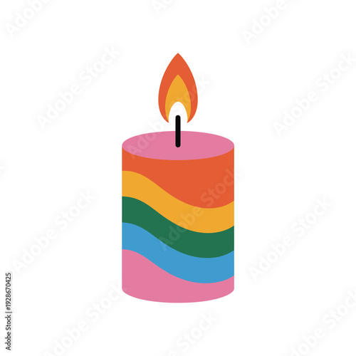 Vibrant rainbow striped candle burns brightly with warm.