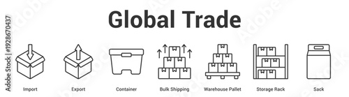 Global Trade web banner icon set vector illustration concept for business with icon of Import, Export, Container, Bulk Shipping, Warehouse Pallet, Stor.