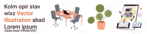 Business planning, teamwork, remote education, eco-friendly workspace, online training, workflow organization. A desk setup with chairs, a potted plant, and a tablet screen with learning content