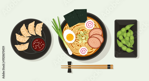 Ramen Noodle Dish with Toppings and Garnishes.