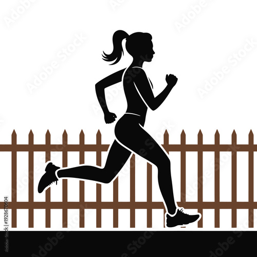 Female runner silhouette jogs past a wooden fence outdoors.