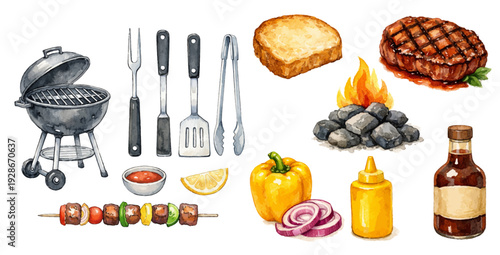 A charming watercolor collection of barbecue essentials and grilling tools, featuring a charcoal grill, metal utensils, flaming coals, juicy steak, skewers, sauces, sliced onions, peppers, and lemon w
