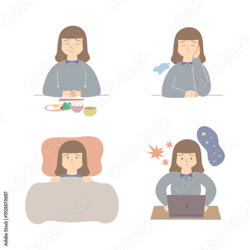 心の不調を抱える女性のイラストセット