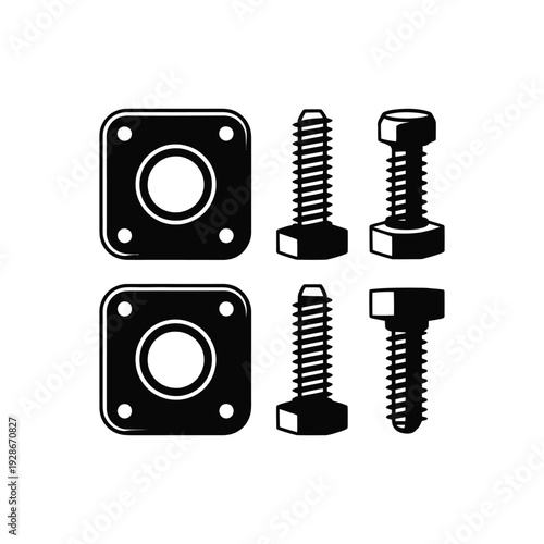 Metal fasteners and square plates are shown on white background.