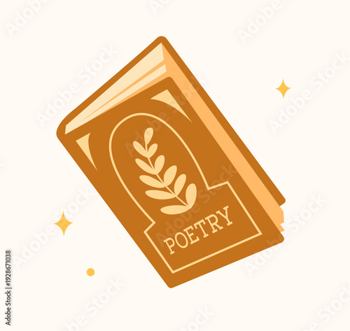 Cute vintage illustration of a poetry book in a decorative brown cover with gilding. Perfect for bookshops, stickers, World Book Day, and book clubs. The concept of reading