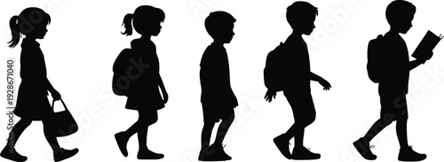 Silhouettes of school children walking, carrying backpacks, education concept, childhood learning illustration, daily routine design, student life representation