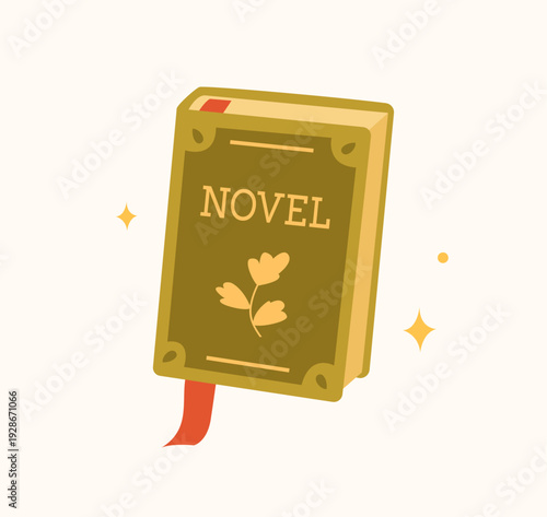 Cute vintage illustration of a novel in a decorative green cover with a red ribbon. Perfect for bookshops, stickers, World Book Day, and book clubs. The concept of reading