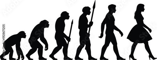 Human evolution silhouettes, progression from primates to modern humans, evolutionary journey concept, anthropology illustration, science education design, cultural development representation