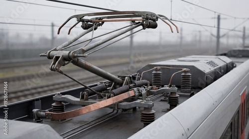 Modern electric train pantograph on roof connecting to power lines on a foggy day