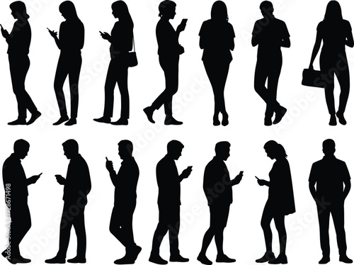 Silhouettes of diverse people using smartphones, modern digital lifestyle, mobile addiction concept, social media culture, technology dependence illustration