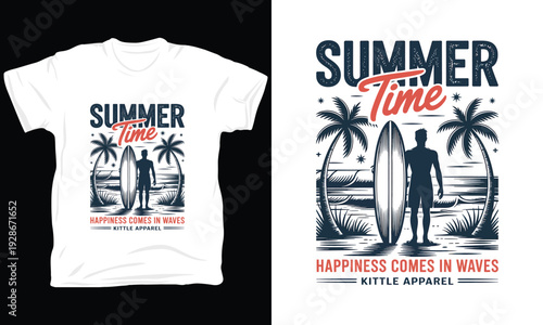 Summer time surfer beach vector illustration with palm trees and ocean waves sunset design