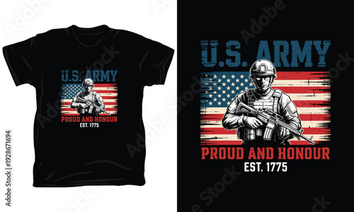 Us army proud and honour est 1775 vector illustration featuring soldier with american flag