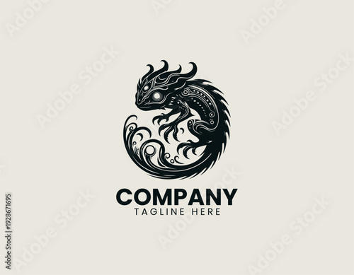 A stylized fantasy amphibian creature with elongated body fins and claws is presented in a detailed vintage engraving vector illustration style on a clean white background suitable for modern branding