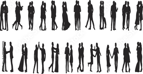 Silhouette couples hugging, holding hands, dancing, kissing, arguing, talking, romance, relationship poses, human connection, emotional interaction, communication, intimacy