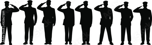 Military silhouettes saluting, soldiers in uniform, discipline, respect, honor, service, teamwork, unity, patriotism, armed forces, ceremonial gesture, commitment