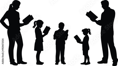 Family reading silhouettes, parents and children icons, literacy artwork, education illustration, learning vector collection, study design elements, knowledge graphics, book pattern, unity