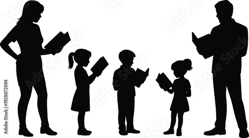 Family reading silhouettes, parents and children icons, education figures artwork, literacy illustration, learning vector collection, knowledge design elements, study graphics, book pattern