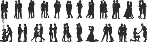 Couple silhouettes, romantic icons, love figures artwork, wedding illustration, proposal vector collection, affectionate design elements, unity graphics, emotional connection pattern, celebration
