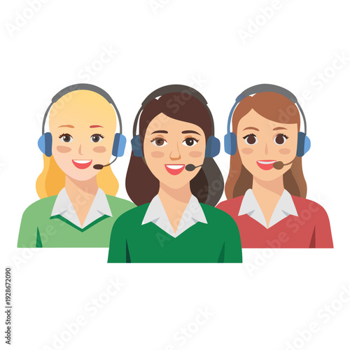 Diverse group of smiling female call center agents or customer support representatives wearing headsets, ready to assist clients.