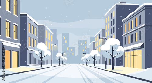 Snowy City Street with Buildings and Trees.