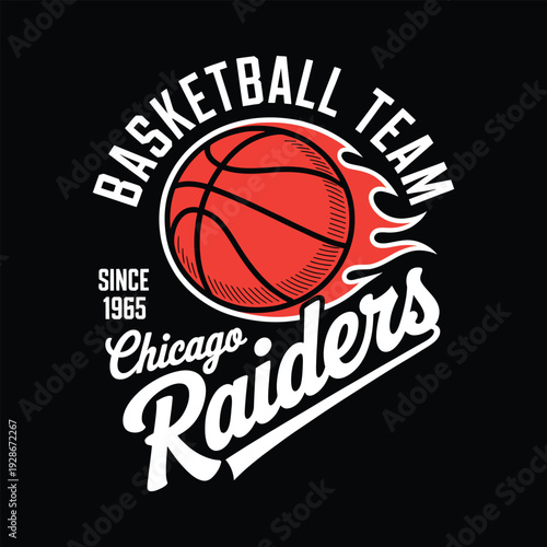 Chicago raiders basketball team vector illustration with flaming ball and script typography