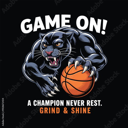 Game on vector illustration black panther playing basketball a champion never rest
