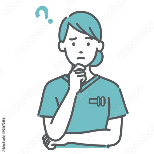 悩む・考えるスクラブ姿の女性医療従事者のイラスト（上半身）