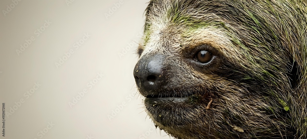 Naklejka premium Close-up portrait of three-toed sloth face with detailed fur texture and expressive dark eyes on neutral background for wildlife and nature projects.