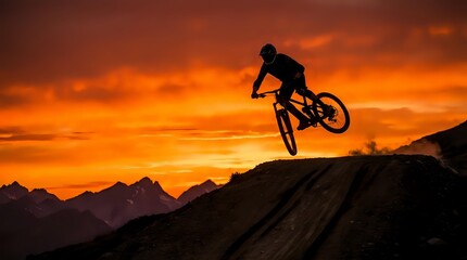 Mountain biker performing jump trick against dramatic orange sunset sky with mountain silhouettes. Extreme sports adventure and outdoor recreation concept.
