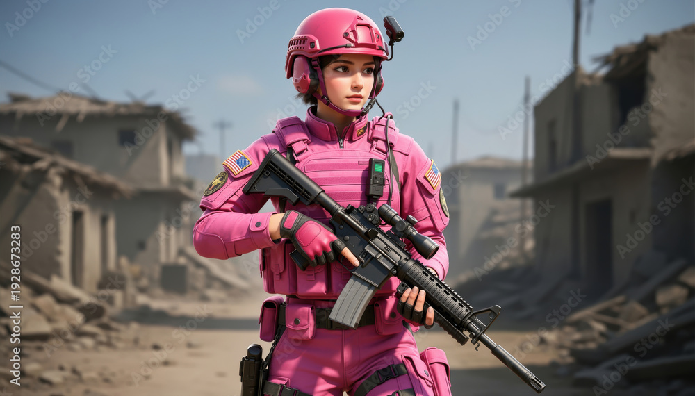 Fototapeta premium Armed in Pink: A resolute figure, clad in vibrant pink attire, stands ready amidst the desolation of war-torn landscape, her eyes fixed forward, a symbol of determination amid adversity. 