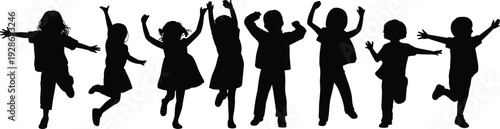 Children silhouettes, kids jumping icons, playful figures artwork, dancing youth illustration, childhood joy vector collection, group activity design elements, fun graphics, energetic pattern