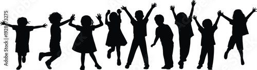 Children silhouettes, kids jumping icons, dancing figures artwork, childhood joy illustration, playful vector collection, group activity design elements, youth graphics, fun pattern