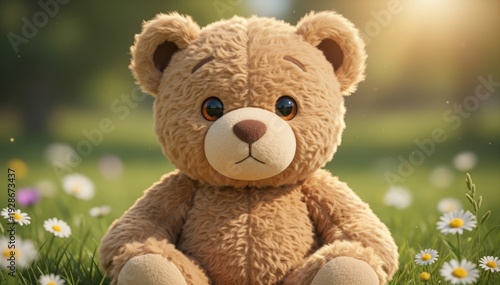 Teddy Bear in a Daisy Field: A cuddly teddy bear sits among delicate daisies in a sunlit field, its soft fur contrasting with the vibrant flowers. Evoking a sense of warmth and innocence