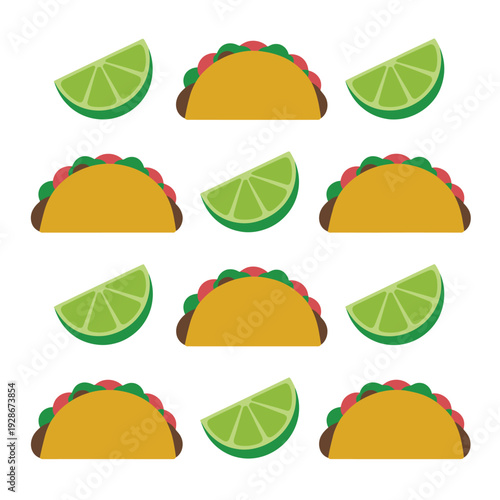 A colorful arrangement of tacos and lime wedges creates a vibrant pattern.